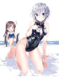 Rule 34 | 10s, 2girls, ^^^, anastasia (idolmaster), barefoot, blue eyes, breasts, brown hair, chocho (homelessfox), cleavage, cleavage cutout, clothing cutout, competition swimsuit, diamond mouth, front zipper swimsuit, hand on own chest, idolmaster, idolmaster cinderella girls, idolmaster cinderella girls starlight stage, long hair, meme attire, multiple girls, nitta minami, one-piece swimsuit, pool, pool ladder, poolside, short hair, silver hair, smile, surprised, swimsuit