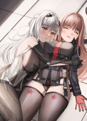 Rule 34 | 2girls, absurdres, arm at side, arm pouch, armor, bandaged head, bandages, belt pouch, beret, black gloves, black jacket, black leotard, black thighhighs, blush, bodystocking, breasts, brown hair, cleavage, closed eyes, closed mouth, couple, cropped jacket, eyebrows hidden by hair, fingerless gloves, gloves, goddess of victory: nikke, hair between eyes, half-closed eyes, hat, highres, hug, jacket, jundu, large breasts, leotard, long hair, looking at another, lying, mecha musume, modernia (nikke), multiple girls, necktie, on back, on floor, on side, parted lips, pouch, rapi (nikke), red eyes, red gloves, red necktie, see-through, see-through cleavage, sweatdrop, thick thighs, thighhighs, thighs, two-tone gloves, white hair, yuri