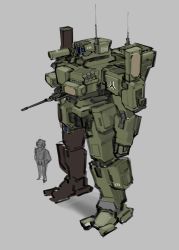 Rule 34 | 1other, clenched hand, grey background, highres, jacket, mecha, original, radio antenna, robot, science fiction, shoulder cannon, size comparison, standing, turret, xerbatt