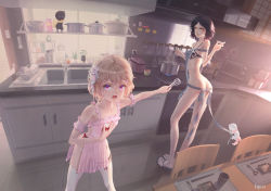 Rule 34 | 2girls, :o, absurdres, apron, armband, artist name, ass, bad id, bad pixiv id, black hair, breasts, chair, choker, chopsticks, cooking, cup, day, dishes, drawer, dress, earrings, flat chest, flower, hair flower, hair ornament, hand up, highres, indoors, iwanaga kotoko, jewelry, kyokou suiri, ladle, lgmt, light brown hair, light switch, long legs, looking at viewer, multiple girls, naked apron, oven, pink dress, plant, pot, potted plant, prosthesis, prosthetic leg, reflection, rice cooker, sakazuki, sakuragawa rikka, sandals, see-through, shelf, short hair, sink, skinny, small breasts, spatula, spoon, stove, thighhighs, tile floor, tiles, toaster oven, traditional youkai, whisk, white legwear, yellow eyes