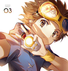 Rule 34 | 1boy, blue hoodie, brown eyes, brown hair, chromatic aberration, closed eyes, copyright name, cross-laced clothes, digimon, digimon tamers, dukemon, ekita kuro, frown, glint, glowing, goggles, goggles on head, holding, hood, hood down, hoodie, light particles, looking at viewer, male focus, matsuda takato, reaching, reaching towards viewer, reflection, short sleeves, simple background, solo, upper body, white background, wristband