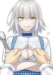 Rule 34 | 1girl, alternate costume, anger vein, angry, anna miller, apron, blue neckwear, blue ribbon, blush, bow, bowtie, breasts, collared shirt, commentary request, contemporary, crossed arms, fate/grand order, fate (series), fujimaru ritsuka (male), gingham apron, highres, jeanne d&#039;arc (fate), jeanne d&#039;arc alter (avenger) (fate), jeanne d&#039;arc alter (fate), kobeya, kobeya uniform, large breasts, looking at viewer, open clothes, open shirt, pale skin, pink lips, plaid, plaid apron, ribbon, shiny skin, shirt, short hair, signature, silver hair, simple background, slit pupils, striped, suzuki nene, upper body, vertical stripes, waitress, white shirt