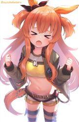 Rule 34 | &gt; &lt;, 1girl, animal ears, black ribbon, bow, clenched hands, dog tags, ear ribbon, green jacket, highres, horse ears, horse girl, horse tail, jacket, long hair, mayano top gun (umamusume), midriff, navel, open mouth, orange hair, ribbon, shorts, simple background, solo, striped clothes, striped thighhighs, suzuho hotaru, tail, tears, thighhighs, twitter username, umamusume, white background, white shorts