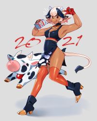 Rule 34 | 1girl, 2021, animal ears, armpits, black dress, black footwear, black nails, cow ears, cow girl, cow horns, cow tail, dark-skinned female, dark skin, dress, drinking straw, female focus, full body, grey background, hands up, highres, horns, leg up, milk carton, nail polish, orange thighhighs, original, red nails, shadow, short hair, simple background, smile, solo, standing, tail, thighhighs, tongue, tongue out, v, white hair, zambiie