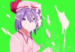 Rule 34 | 1girl, cake, closed mouth, collared shirt, commentary request, cookie (touhou), expressionless, food, fork, green background, hair between eyes, hat, hisaka (cookie), icing, kebabu 01, long bangs, looking at viewer, looking to the side, mob cap, pink hat, pink shirt, purple hair, remilia scarlet, sexually suggestive, shirt, short hair, solo, touhou, upper body, v-shaped eyebrows