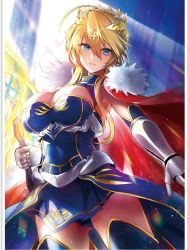 Rule 34 | 1girl, ahoge, armor, armored boots, artoria pendragon (fate), artoria pendragon (lancer) (fate), bare shoulders, blonde hair, blue eyes, blue gloves, blue leotard, blue skirt, blurry, blurry background, blush, boots, braid, breasts, cape, cleavage, covered navel, cowboy shot, crown, fate/grand order, fate (series), faulds, french braid, full body, fur-trimmed cape, fur trim, gauntlets, gloves, greaves, hair between eyes, highres, lance, large breasts, leotard, long hair, looking at viewer, miniskirt, musou yuchi, polearm, red cape, rhongomyniad (fate), sidelocks, skirt, solo, swept bangs, thighhighs, underbust, weapon