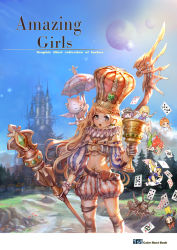 Rule 34 | 6+girls, blonde hair, blue eyes, card, castle, chalice, chibi, cover, cover page, crown, cup, earrings, floating card, flower, gem, gloves, jewelry, long hair, looking at viewer, midriff, mini person, minigirl, multiple girls, necklace, open mouth, original, planet, playing card, scepter, shaonav, sky, standing, thighhighs, umbrella