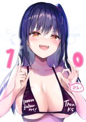 Rule 34 | 1girl, ayaka (yuutousei ayaka no uraomote), bikini, blue hair, breasts, clothes writing, commentary request, english text, hair ornament, hairclip, highres, hisama kumako, index finger raised, large breasts, long hair, open mouth, original, side ponytail, smile, solo, swimsuit, teeth, thank you, twitter username, upper body, upper teeth only, yellow eyes, yuutousei ayaka no uraomote