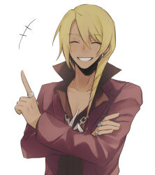 Rule 34 | +++, 1boy, ace attorney, black shirt, blonde hair, chain, chain necklace, closed eyes, collared shirt, crossed arms, dark-skinned male, dark skin, drill hair, earrings, facing viewer, grin, hair between eyes, highres, hiyona, jacket, jewelry, klavier gavin, lapels, long sleeves, male focus, multiple rings, necklace, open clothes, open collar, open jacket, purple jacket, ring, shirt, simple background, smile, solo, swept bangs, upper body, white background