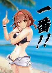 Rule 34 | 10s, 1girl, 2016, adapted costume, alternate hairstyle, bare shoulders, beach, bikini, bikini top only, breasts, brown hair, colored skin, dated, day, groin, hair between eyes, hair ornament, hairband, kantai collection, looking at viewer, low twintails, moke ro, multicolored skin, navel, no panties, ocean, open clothes, open shorts, orange eyes, red hairband, sand, shiratsuyu (kancolle), short hair, short shorts, shorts, smile, solo, swimsuit, tan, tanline, translated, twintails, two-tone skin, unzipped, white shorts, white skin