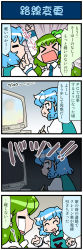 Rule 34 | 2girls, 4koma, artist self-insert, blue hair, comic, commentary request, crying, dark, detached sleeves, closed eyes, frog hair ornament, green hair, hair ornament, hair tubes, highres, juliet sleeves, kochiya sanae, long hair, long sleeves, mizuki hitoshi, monitor, multiple girls, nontraditional miko, open mouth, pen, puffy sleeves, short hair, smile, snake hair ornament, sweatdrop, tatara kogasa, touhou, translation request, vest, wide sleeves
