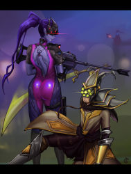 Rule 34 | 1girl, 2boys, ass, back cutout, bodysuit, clothing cutout, colored skin, gy (artist), head-mounted display, highres, jax (league of legends), league of legends, master yi, multiple boys, overwatch, overwatch 1, purple skin, trait connection, widowmaker (overwatch)