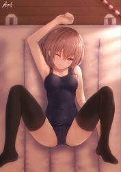Rule 34 | 1girl, absurdres, arm up, bee doushi, black thighhighs, blue one-piece swimsuit, blush, brown eyes, brown hair, from above, gym storeroom, hair between eyes, head tilt, highres, looking at viewer, lying, on back, one-piece swimsuit, one eye closed, original, school swimsuit, solo, spread legs, swimsuit, thighhighs, thighs