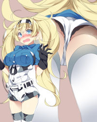 Rule 34 | 1girl, belt, belt buckle, black gloves, blonde hair, blue eyes, blue shirt, blush, breast pocket, breasts, brown background, buckle, buttons, collared shirt, commentary request, from below, gambier bay (kancolle), gloves, hair between eyes, highres, kantai collection, large breasts, long hair, mtu (orewamuzituda), multiple views, open mouth, pocket, shirt, short sleeves, simple background, thighhighs, twintails, white thighhighs