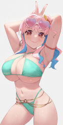 Rule 34 | 1girl, armpits, arms up, bikini, blue hair, breasts, cleavage, closed mouth, commentary, criss-cross halter, earrings, fingernails, flower, gomashiwo o, green bikini, grey background, groin, hair flower, hair intakes, hair ornament, halterneck, heart, heart-shaped eyewear, highres, hoop earrings, hozuki kaede, huge breasts, jewelry, light blue hair, lips, long fingernails, looking at viewer, multicolored hair, nail polish, navel, onii-chan wa oshimai!, pink-tinted eyewear, pink hair, red eyes, red nails, side ponytail, simple background, smile, solo, stomach, swimsuit, thighs, tinted eyewear, two-tone hair, v, v-shaped eyebrows, v over head, white-framed eyewear
