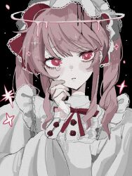 Rule 34 | 1girl, bow, bowtie, crying, long hair, long sleeves, original, pink hair, red bow, red bowtie, red eyes, sidelocks, solo, swept bangs, tabun ningen, twintails