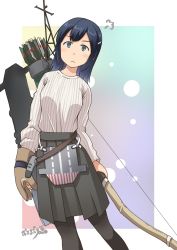 Rule 34 | 1girl, alternate costume, alternate hairstyle, archery, arrow (projectile), black hair, black skirt, blue eyes, bow (weapon), breasts, brown gloves, flight deck, frown, gloves, hair ornament, hairclip, high-waist skirt, highres, kantai collection, large breasts, long hair, looking at viewer, osamada meika, pantyhose, partially fingerless gloves, partly fingerless gloves, pleated skirt, quiver, rigging, single glove, skirt, solo, souryuu (kancolle), sweater, tareme, weapon, white sweater, yugake