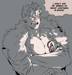 Rule 34 | 1boy, anger vein, angry, bara, blush, chest tattoo, crossed arms, facial mark, fairy tail, falloutbart, fur-trimmed jacket, fur trim, greyscale, jacket, large pectorals, laxus dreyar, looking at viewer, male focus, monochrome, muscular, muscular male, open mouth, pectoral cleavage, pectorals, short hair, solo, spiked hair, tattoo, upper body