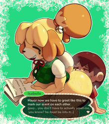 Rule 34 | 1boy, 1girl, animal crossing, animal ears, animal hands, ass, barefoot, bell, black eyes, blonde hair, blush stickers, body fur, bottomless, breasts, brown hair, butt crack, character name, closed eyes, dog ears, dog girl, dog tail, english text, face in ass, full body, furry, furry female, furry with non-furry, green background, green vest, hair bell, hair ornament, hair tie, half-closed eyes, hands up, hetero, highres, holding, interspecies, isabelle (animal crossing), jingle bell, lilmoonie, looking back, medium breasts, neck ribbon, nintendo, open mouth, outline, paper, plaid, plaid vest, red ribbon, red shirt, ribbon, shiny skin, shirt, short hair, short sleeves, simple background, smile, solo focus, speech bubble, squatting, steam, steaming body, sweat, tail, talking, teeth, thick thighs, thighs, topknot, two-tone fur, vest, villager (animal crossing), white fur, white outline, white shirt, wide hips, yellow fur