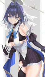 Rule 34 | 1girl, black skirt, black thighhighs, blue hair, blue ribbon, bow, bow earrings, breasts, brooch, capelet, chain, chain headband, cleavage cutout, clock hands, closed mouth, clothing cutout, cowboy shot, detached sleeves, earrings, hair intakes, halo, head chain, headband, heart-shaped gem, highres, hololive, hololive english, jewelry, large breasts, looking at viewer, mechanical halo, mexif, miniskirt, ouro kronii, ouro kronii (1st costume), ribbon, ribbon earrings, shirt, short hair, simple background, single thighhigh, skirt, sleeveless, sleeveless shirt, smile, solo, striped, thighhighs, underboob, veil, vertical stripes, virtual youtuber, white shirt, zipper