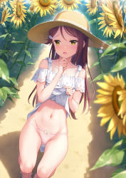Rule 34 | 1girl, :o, bare legs, bare shoulders, blurry, blush, brown eyes, brown hair, brown hat, clothes lift, collarbone, day, depth of field, dress, dress lift, dutch angle, embarrassed, female focus, flower, from above, hair ornament, hairclip, hand to own mouth, hat, highres, lifted by self, long hair, looking away, looking to the side, love live!, love live! sunshine!!, mignon, navel, open mouth, outdoors, panties, pink panties, red hair, sakurauchi riko, sandals, skindentation, solo, squatting, stomach, sun hat, sundress, sunflower, thighs, underwear, white dress, yellow eyes