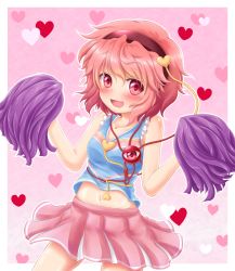 Rule 34 | 1girl, alternate costume, bare arms, blush, cheerleader, collarbone, cowboy shot, hairband, heart, heart-shaped pupils, heart background, highres, kisa limy, komeiji satori, looking at viewer, midriff, navel, open mouth, pink background, pink eyes, pink hair, pleated skirt, pom pom (cheerleading), short hair, skirt, solo, symbol-shaped pupils, tank top, third eye, touhou