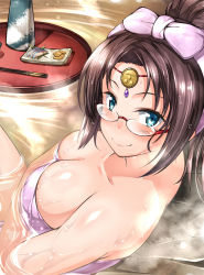 Rule 34 | 1girl, bad id, bad pixiv id, bare shoulders, blue eyes, bottle, bow, breasts, brown hair, chopsticks, circlet, cleavage, decchi oyabun, food, glasses, highres, long hair, naked towel, onsen, original, partially submerged, ponytail, sake bottle, smile, solo, sushi, towel, tray, water, wet