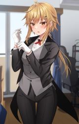 Rule 34 | 1girl, adjusting clothes, adjusting gloves, black jacket, black pants, blonde hair, blurry, blurry background, blush, butler, chair, commentary request, depth of field, gloves, grey vest, hair between eyes, hair ornament, hairclip, highres, indoors, jacket, komori kuzuyu, long hair, looking at viewer, low ponytail, nao (kuzuyu), office chair, open clothes, open jacket, original, pants, parted lips, ponytail, sidelocks, solo, swivel chair, thigh gap, very long hair, vest, white gloves, window, x hair ornament