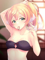Rule 34 | 1girl, arm up, bandeau, bare arms, bare shoulders, blurry, blurry background, breasts, commentary, genshin impact, green eyes, hair tie in mouth, hand up, highres, long hair, looking at viewer, midriff, mouth hold, pink hair, small breasts, solo, stomach, strapless, tube top, upper body, yanfei (genshin impact), zenzai tarou