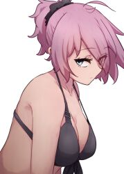 Rule 34 | 1girl, ahoge, aoba (kancolle), bikini, blue eyes, breasts, cleavage, front-tie bikini top, front-tie top, highres, ikadamo, kantai collection, large breasts, leaning forward, looking at viewer, messy hair, ponytail, purple hair, short hair, simple background, solo, swimsuit, upper body, white background
