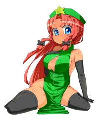 Rule 34 | 1girl, blue eyes, breasts, china dress, chinese clothes, cleavage, comcom, dress, elbow gloves, female focus, full body, gloves, hat, hong meiling, large breasts, long hair, red hair, simple background, solo, thighhighs, touhou, very long hair, white background