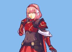Rule 34 | 1girl, armor, blue background, braid, breastplate, commentary, covered navel, english commentary, fire emblem, fire emblem engage, glaceo, gloves, grey hairband, hair ribbon, hairband, lapis (fire emblem), looking at viewer, nintendo, pink eyes, pink hair, pixel art, red armor, red hairband, ribbon, short hair, simple background, solo, swept bangs, tight clothes, two-tone hairband, white ribbon