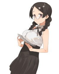 Rule 34 | 1girl, 2l (2lsize), black hair, black skirt, blouse, blush, braid, breast rest, breasts, carried breast rest, carrying, closed mouth, high-waist skirt, highres, large breasts, looking at viewer, original, pink eyes, pleated skirt, round eyewear, semi-rimless eyewear, shirt, simple background, skirt, sleeveless, solo, tareme, tray, twin braids, under-rim eyewear, white background, white shirt