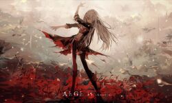 Rule 34 | 1girl, abstract background, artist name, bad id, bad pixiv id, black coat, boots, closed eyes, coat, crop top, dancing, english text, flower, light smile, long hair, original, qtonagi, rose, solo, standing, white hair