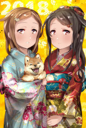 Rule 34 | 2018, 2girls, alternate hairstyle, bad id, bad pixiv id, black hair, blush, brown eyes, brown hair, checkered background, chinese zodiac, commentary request, dog, dog request, floral print, flower, hair flower, hair ornament, hairclip, hatsushimo (kancolle), japanese clothes, juurouta, kantai collection, kimono, long hair, long sleeves, looking at viewer, medium hair, multiple girls, new year, obi, own hands together, ponytail, print kimono, sash, sidelocks, v arms, wakaba (kancolle), wavy hair, year of the dog