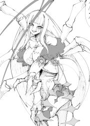 Rule 34 | 1girl, absurdres, antenna hair, breasts, cockroach girl, greyscale, hatching (texture), highres, lineart, long hair, looking at viewer, matara kan, matara kan (1st costume), monochrome, monster girl, simple background, sketch, smile, teeth, thighs, virtual youtuber, vshojo, white background