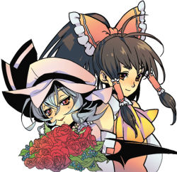 Rule 34 | 2girls, ascot, blush, bouquet, bow, brown hair, female focus, flower, hair bow, hakurei reimu, hat, looking at viewer, lowres, mob cap, multiple girls, red bow, red eyes, remilia scarlet, shizumi satou, sidelocks, silver hair, simple background, siskin, touhou, white background