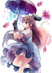 Rule 34 | 1girl, bad id, bad pixiv id, black gloves, bow, brown hair, flower, gloves, hair bow, hair ribbon, holding, long hair, looking at viewer, looking to the side, opopowa, original, parasol, purple eyes, ribbon, solo, standing, standing on one leg, umbrella
