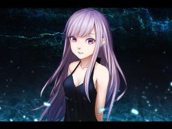 Rule 34 | 1girl, arms behind back, bare arms, bare shoulders, black vest, breasts, cleavage, collarbone, commentary request, hand on own arm, lips, long hair, looking at viewer, medium breasts, original, purple eyes, purple hair, solo, sugi 214, upper body, vest