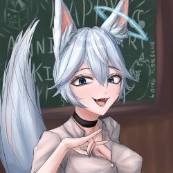 Rule 34 | 1girl, absurdres, aegislily, alternate hair length, alternate hairstyle, animal ear fluff, animal ears, black choker, blue eyes, blue nails, breasts, chalkboard, choker, cleavage, close-up, collared shirt, commentary, english commentary, fangs, fox ears, fox girl, fox shadow puppet, fox tail, grey hair, grey shirt, hair between eyes, halo, highres, indie virtual youtuber, kirsche verstahl, medium breasts, open mouth, shirt, short hair, solo, tail, virtual youtuber