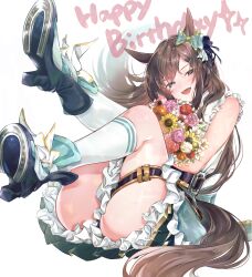 Rule 34 | 1girl, absurdres, animal ears, ass, bare arms, belt buckle, black footwear, black panties, boots, bouquet, bow, brown eyes, buckle, dress, ear ribbon, feet up, flower, frilled dress, frills, gold trim, half-closed eyes, happy birthday, head tilt, highres, holding, holding bouquet, horse ears, horse girl, horse tail, horseshoe, kneehighs, leaning back, legs, legs up, long hair, looking at viewer, mejiro dober (umamusume), open mouth, panties, pantyshot, pink flower, pink rose, red flower, red rose, rose, shoe soles, sidelocks, simple background, socks, solo, sunflower, tail, thigh strap, thighs, tongue, tongue out, umamusume, underwear, white background, white eyes (20220506white), white flower, white socks