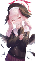 Rule 34 | 1girl, angel wings, beret, black cardigan, black hat, black wings, blue archive, blush, cardigan, feathered wings, feathers, finger to mouth, halo, hat, head wings, highres, koharu (blue archive), looking at viewer, miniskirt, neckerchief, pink eyes, pink hair, pink neckerchief, school uniform, skirt, sleeves past wrists, solo, twintails, vennie, white background, wings
