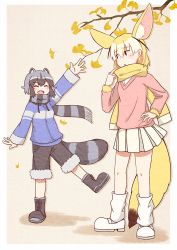 Rule 34 | &gt;:d, 10s, 2girls, :d, ^ ^, adapted costume, animal ears, arm up, autumn leaves, blonde hair, boots, closed eyes, commentary request, common raccoon (kemono friends), extra ears, closed eyes, fang, fennec (kemono friends), fox ears, fox tail, fur-trimmed shorts, fur-trimmed sleeves, fur trim, grey hair, hand on own hip, kemono friends, leg warmers, long sleeves, multicolored hair, multiple girls, open mouth, pleated skirt, print scarf, raccoon ears, raccoon tail, scarf, short hair, shorts, skirt, smile, tail, v-shaped eyebrows, waving, white hair, white skirt, yellow scarf
