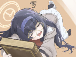 Rule 34 | 1girl, bags under eyes, black hair, black pantyhose, blue archive, blue hairband, book, brown cardigan, cardigan, closed eyes, commentary request, crossed bangs, glasses, hair between eyes, hairband, halo, highres, holding, holding book, long hair, long skirt, long sleeves, open mouth, orange background, pantyhose, round eyewear, shoe dangle, shoes, single shoe, skirt, slippers, solo, squiggle, toushitukata 7, ui (blue archive), very long hair, white skirt, yellow-framed eyewear
