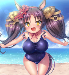 Rule 34 | + +, 1girl, :d, animal ears, black hair, blue one-piece swimsuit, breasts, day, fang, gluteal fold, hair ornament, horse ears, horse girl, horse tail, impossible clothes, impossible swimsuit, leaning forward, looking at viewer, marvelous sunday (umamusume), old school swimsuit, one-piece swimsuit, open mouth, oppai loli, outdoors, school swimsuit, smile, solo, swimsuit, tail, takeponi, twintails, umamusume, yellow eyes