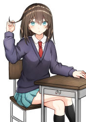 Rule 34 | 1girl, bad id, bad pixiv id, black socks, blue eyes, blue skirt, blue sweater, blush, brown hair, chair, closed mouth, collared shirt, commentary request, crossed legs, desk, fingernails, hair between eyes, kneehighs, kurata rine, long hair, long sleeves, looking at viewer, necktie, original, playing with own hair, pleated skirt, red necktie, revision, school chair, school desk, shirt, simple background, sitting, skirt, socks, solo, sweater, white background, white shirt