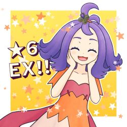 Rule 34 | 1girl, :d, acerola (pokemon), alternate color, blush, closed eyes, collarbone, commentary request, creatures (company), dress, eyelashes, facing viewer, flipped hair, game freak, hair ornament, hairclip, hands up, happy, highres, mitarashi (mtr edmm), nintendo, open mouth, orange dress, pokemon, pokemon masters ex, purple hair, short sleeves, smile, solo, star (symbol), stitches, topknot, yellow background