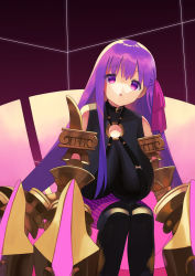 Rule 34 | 1girl, bare shoulders, belt collar, black legwear, breasts, claw (weapon), claws, collar, fate/extra, fate/extra ccc, fate (series), hair ribbon, highres, huge breasts, long hair, looking at viewer, o-ring, o-ring top, open mouth, passionlip (fate), pink ribbon, pink skirt, purple eyes, purple hair, purple ribbon, ribbon, skirt, weapon, zenshin