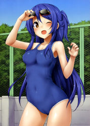Rule 34 | 1girl, :d, ;d, absurdres, arm up, armpits, bare shoulders, blue one-piece swimsuit, blush, chain-link fence, covered navel, cowboy shot, fence, goggles, goggles on head, hair between eyes, highres, impossible clothes, impossible swimsuit, one-piece swimsuit, one eye closed, one eye covered, open mouth, original, scan, school swimsuit, smile, solo, swimsuit, takayaki, taut clothes, taut swimsuit