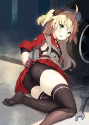 Rule 34 | 1girl, admiral hipper (azur lane), ahoge, armpit cutout, armpits, ass, azur lane, bike shorts, bike shorts pull, black bra, black thighhighs, blonde hair, blush, bra, bra peek, brown gloves, buttons, choker, clothing cutout, commentary request, cross, double-breasted, elbow sleeve, embarrassed, artistic error, flat chest, gloves, green eyes, grey jacket, hair between eyes, headgear, highres, indoors, iron cross, jacket, long hair, looking at viewer, lying, mole, mole under eye, motor vehicle, motorcycle, no shoes, ochinsama, on side, open mouth, pleated skirt, red choker, red gloves, red skirt, red sleeves, shadow, short shorts, shorts, sidelocks, skindentation, skirt, solo, sweat, teeth, thighhighs, thighs, two-tone gloves, two side up, underwear, upper teeth only, wrench, wrong foot